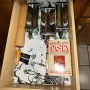 Set of 3 KitchenAid pasta attachments, wooden rolling pin, pasta book, etc.