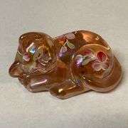 Sleeping Fenton Glass cat, hand decorated with tag