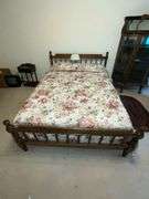 Queen size bedframe with mattress, boxsprings, linens and lamp