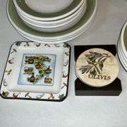 Olive themed dishes, Maxam, JAM, olive oil bottle, snack tray, coasters