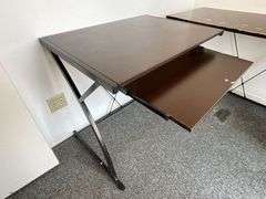 Contemporary office desk and computer work station, metal legs, composite tops, some surface wear