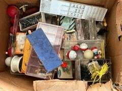 Fishing tackle, hooks, bobbers, sinkers, line, tackle box, etc.