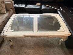Farmhouse style coffee table, glass top