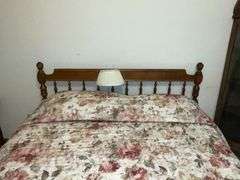 Queen size bedframe with mattress, boxsprings, linens and lamp