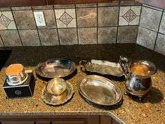 Silverplate items, 9" T pitcher, trays