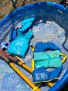 Pair of pool ladders, kiddie pool, life vests child's 30-50 lb. and 50-90 lb.