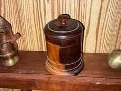 Wooden box with lid, brass pitcher, etc.