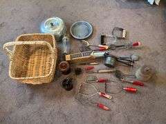 Vintage kitchen utensils, strainers, crocks