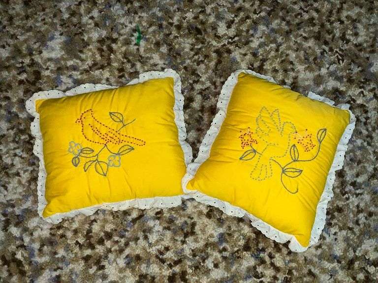 Pair of embordered bird pillows image