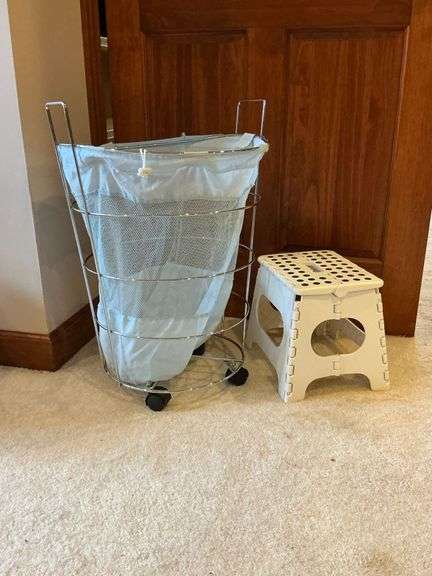 Folding step stool and metal hamper image