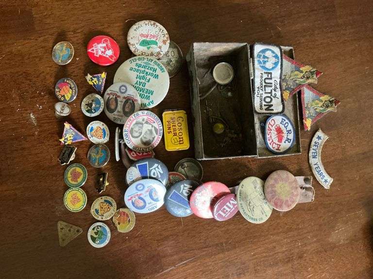 Collection of political buttons, motorcycle rally pins image