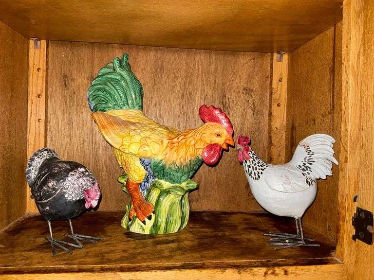 Chicken figurines, ceramic and metal image