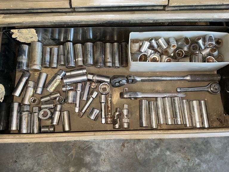 Assortment of 3/8" drive sockets, adapters, extensions, etc. image