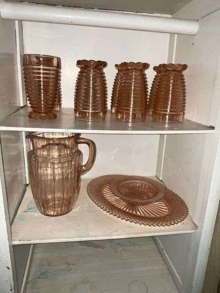 Pink depression glass pieces, Miss America platter image