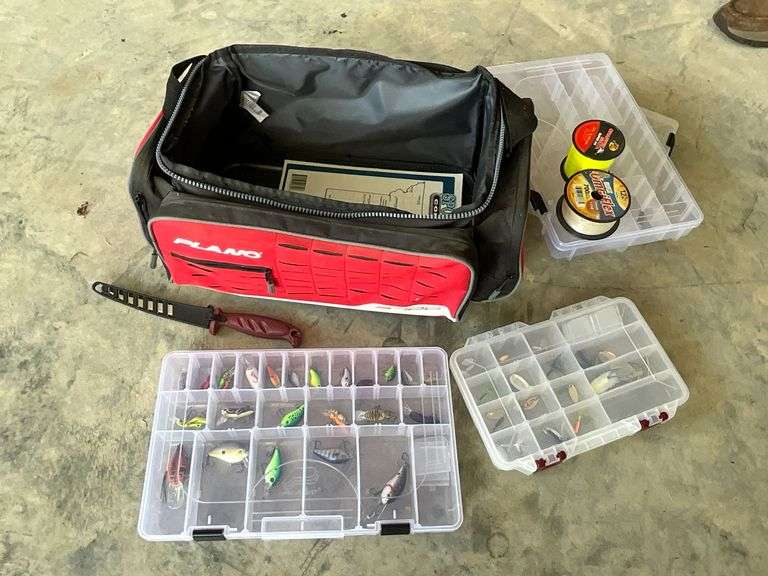 Plano tackle bag with Rapala filet knife, artificial lures, fishing line, etc. image