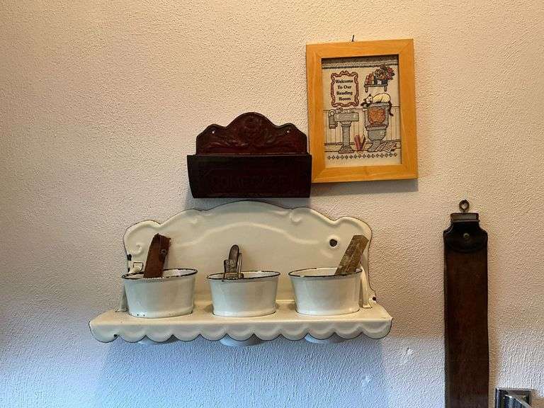 Straight razors, enamel shelf with flower pots, enamel soap dish image