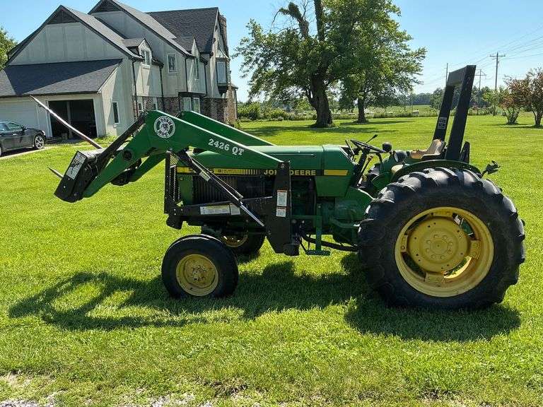 John Deere 2355 tractor, bush hog 2426 loader with bale spear, shows 3277 hours, bucket image