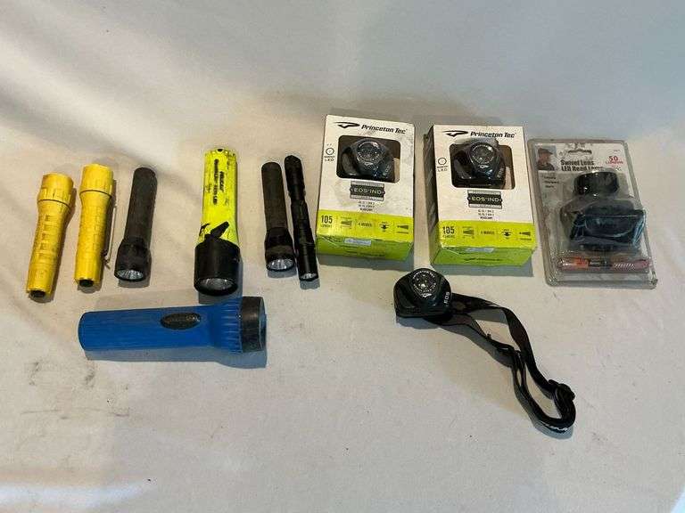 Princeton Tech head lamps, some NIB, assortment of small flashlights image