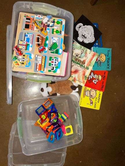 Puzzles, stuffed dog, books, magnetic tiles, folding step stool image