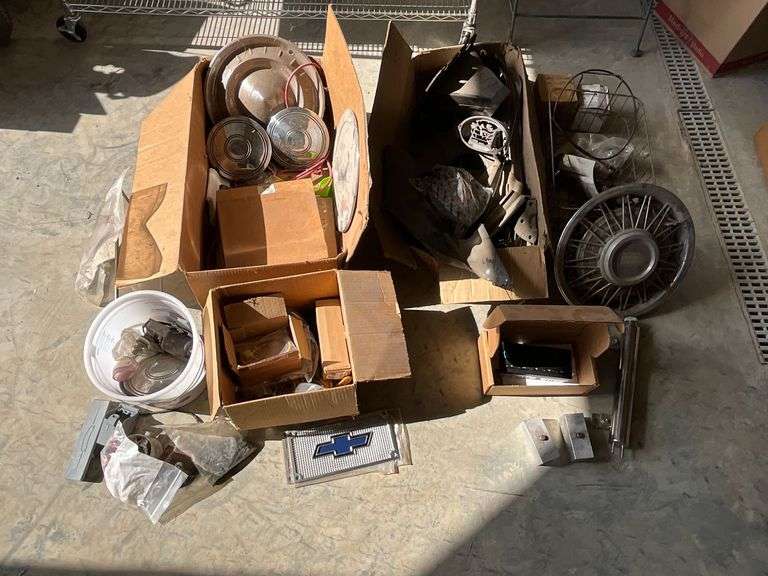 Chevrolet hubcaps, interior '55? parts, truck step plates image