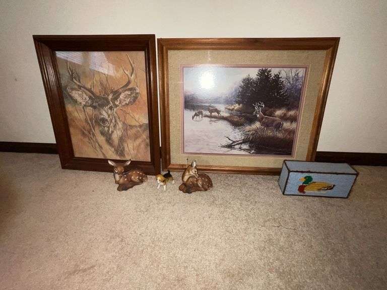 Framed deer prints, deer figurines