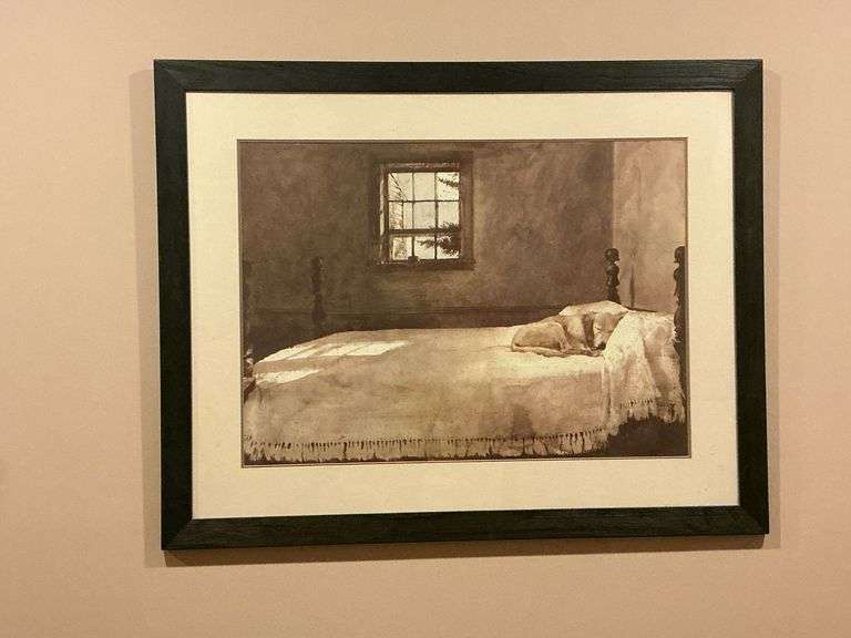 Old dog sleeping on the bed, framed and matted print image