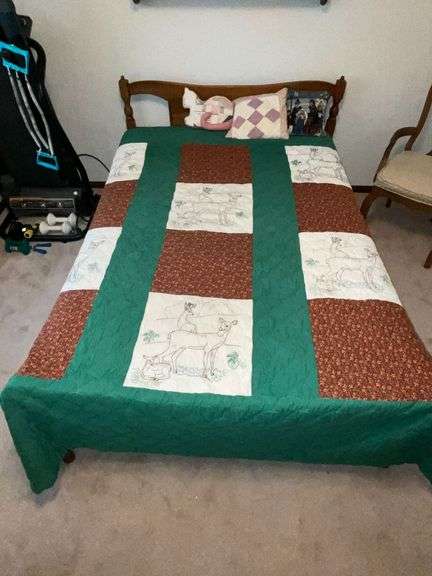 Full size bedframe, mattress, boxsprings, embroidered quilt image