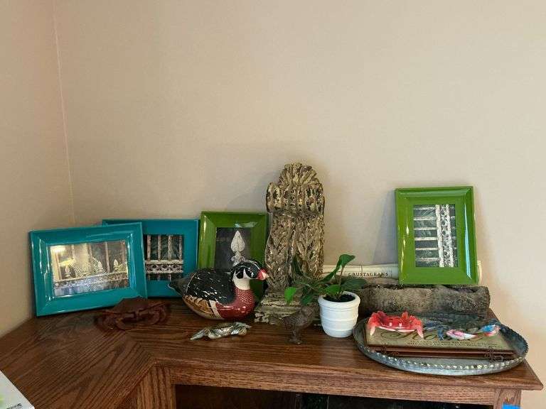 Home Décor, framed architectural prints, metal tray, cast bird image