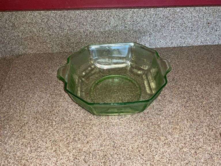 Green Depression glass two-handled dish image
