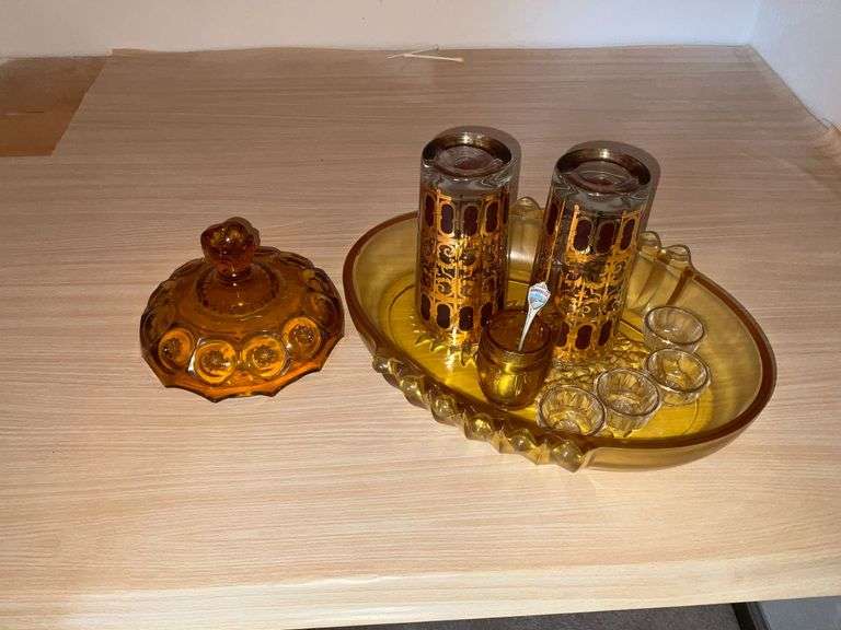 Amber glass pieces, salt cellars, pair of glasses image