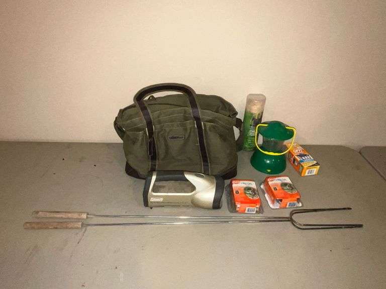 Camping supplies, hot dog sticks, Coleman wide beam lantern, Eddie Bauer bag image