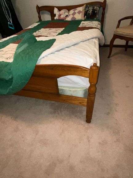 Full size bedframe, mattress, boxsprings, embroidered quilt image