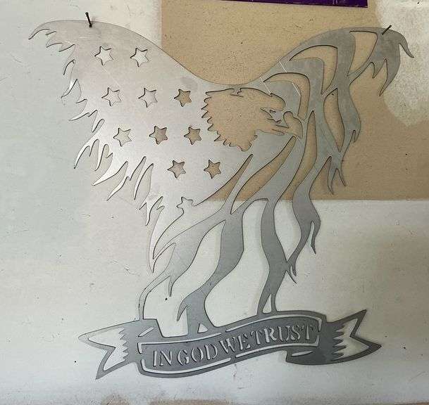 Laser cut aluminum flag and eagle "In God We Trust" image