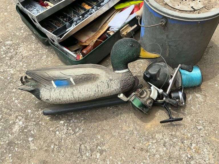Minnow bucket, assorted tackle, rods, reels, tackle box, etc. image