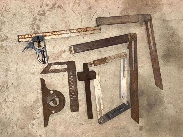 Assortment of measuring tools, tri square, angle gauge, 12" blade angle finder, etc. image
