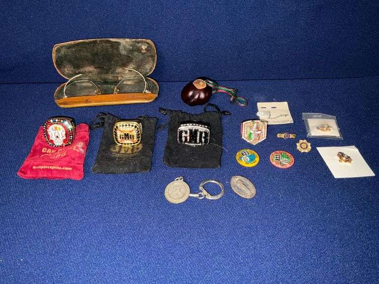 Antique wire rim glasses in case, 1968 teamsters button image