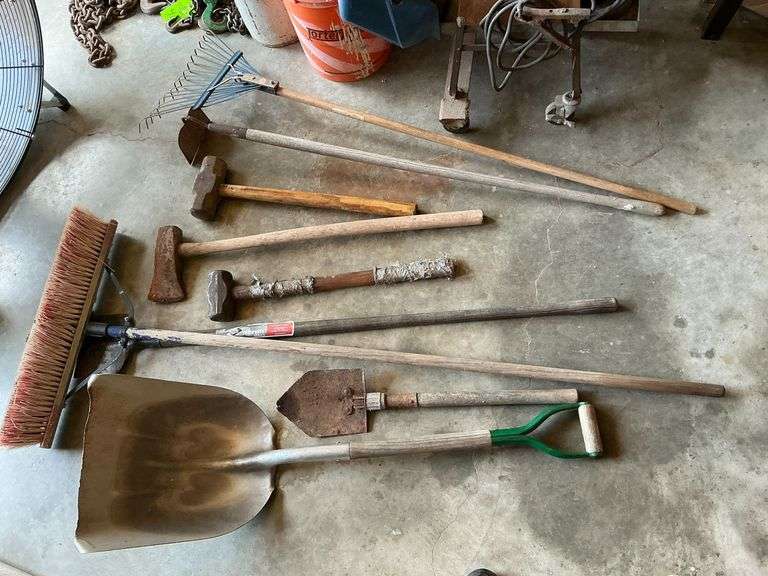 Long handled tools, scoop shovel, scraper, broom image