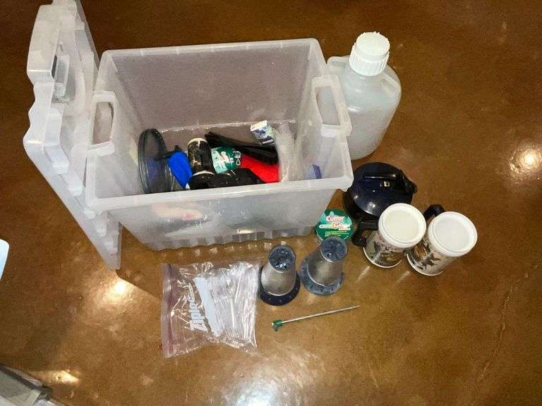 Camping supplies, water container with spigot, lanterns, kettle, etc. image