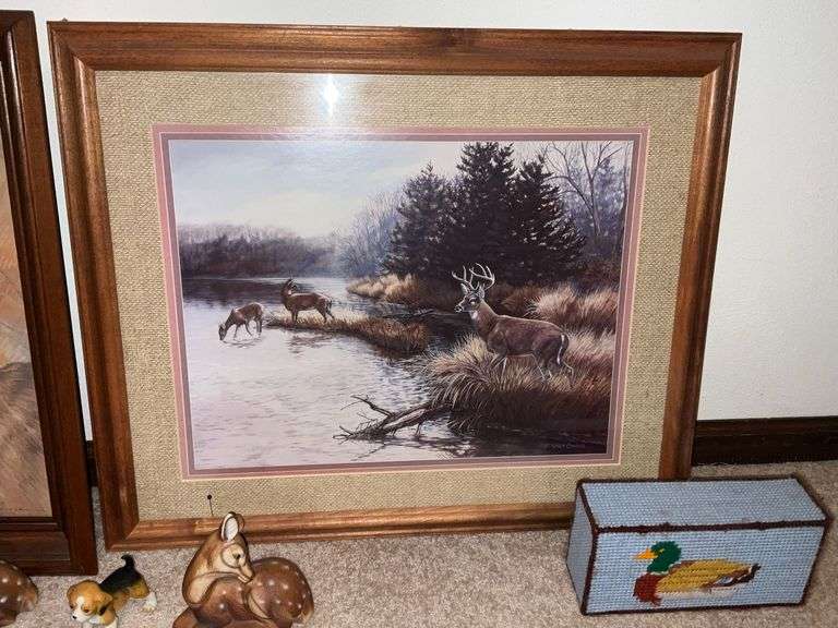 Framed deer prints, deer figurines