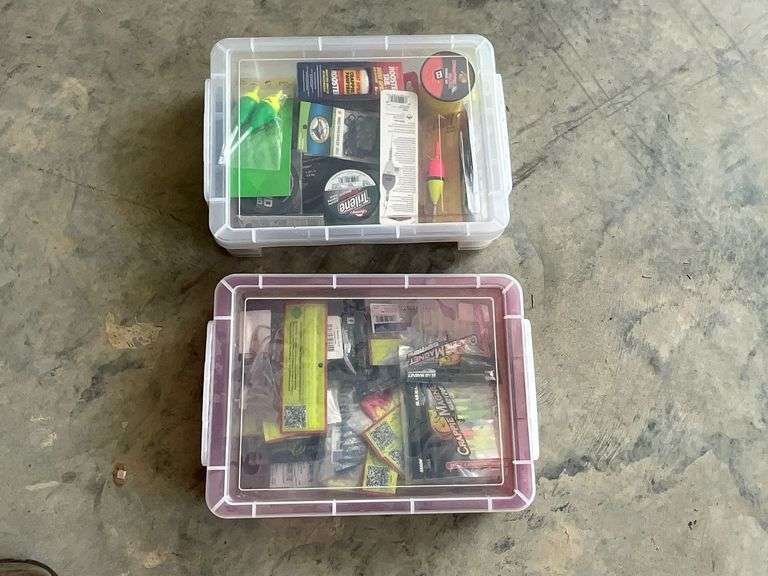 Two plastic storage boxes with lures, line, bobbers, etc. image