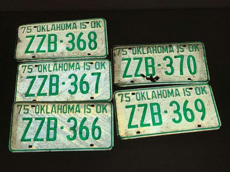 5 Oklahoma consecutive plates ZZB366-370 image