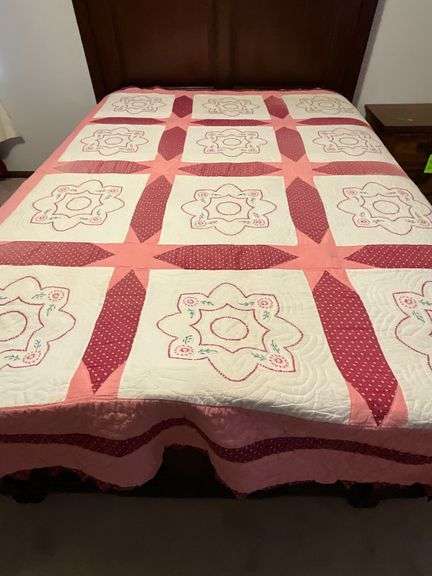 Embroidered quilt, some fading, hand quilted