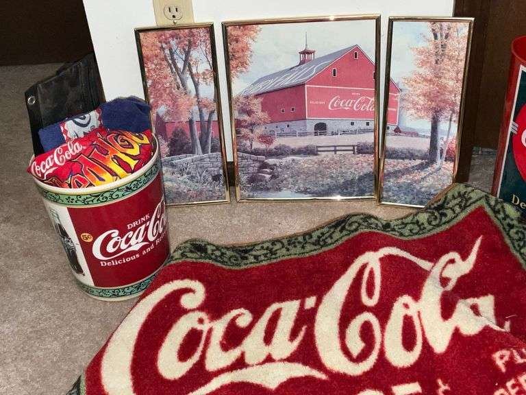 Coca-Cola trash can, framed print, throw rug