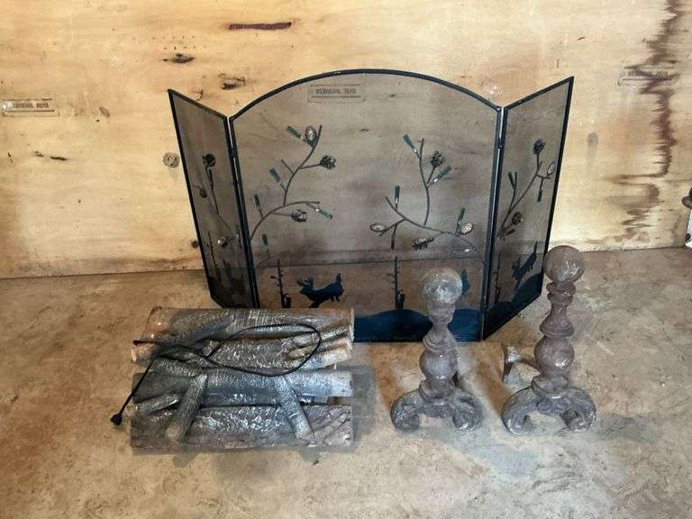 Fireplace supplies, 18" T cast iron and irons, decorative fireplace screen image