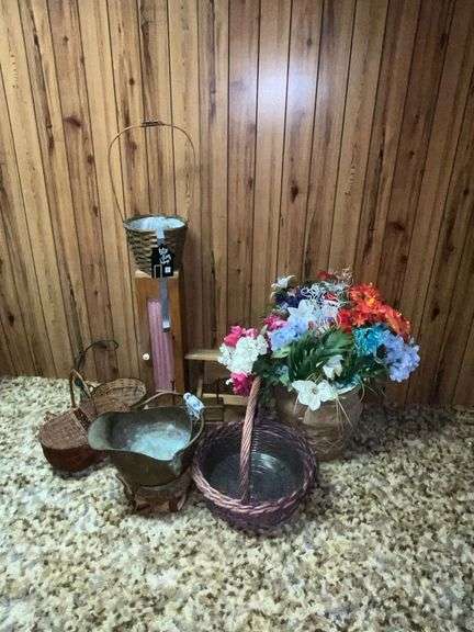 Floral arrangement, coal scuttle, baskets image