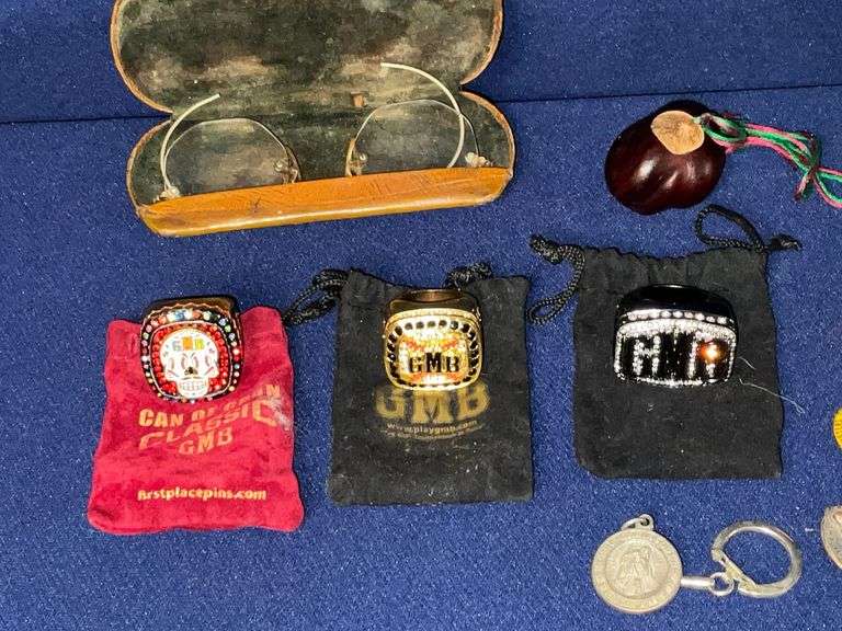 Antique wire rim glasses in case, 1968 teamsters button