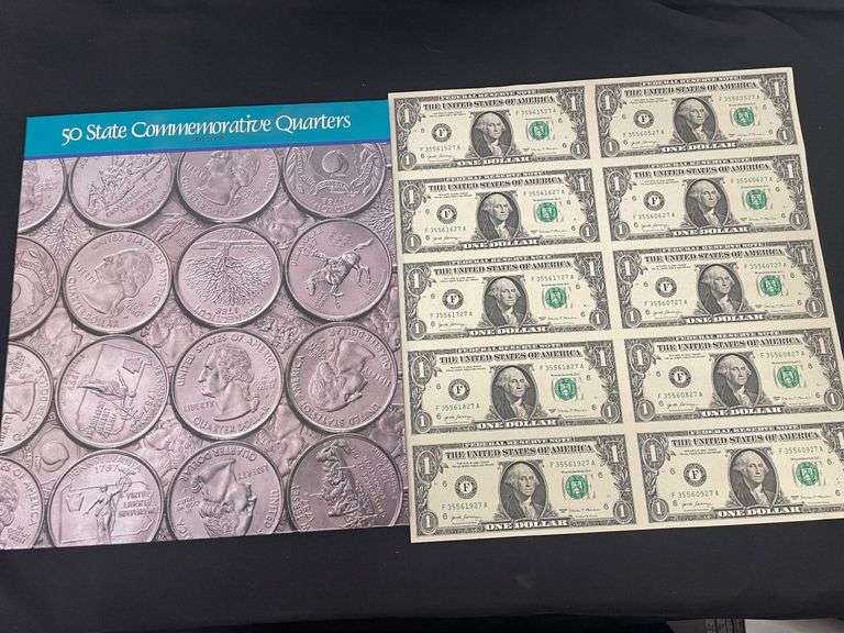 50 State Commemorative Quarters Album with Uncut Sheet of One Dollar Bills image