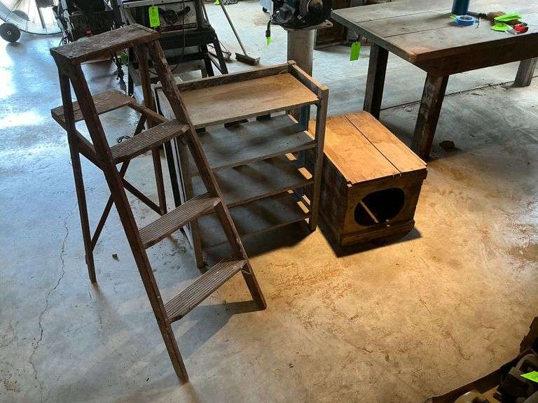 Wooden items, cat box, ladder, & shelf image