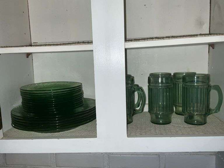 6 green glass mugs image
