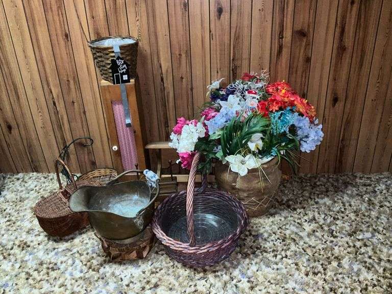 Floral arrangement, coal scuttle, baskets